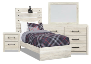 Ensemble de chambre à coucher Abby 6 pièces pour enfants avec lit à panneau, commode, miroir, table de nuit, éclairage à DEL et port USB, blanc - format lit simple