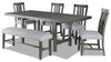 Ensemble de salle à manger Alto 6 pièces avec table, banc, rallonge de 65 po à 83 po (L), base à tréteaux et 4 chaises - gris