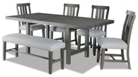  Ensemble de salle à manger Alto 6 pièces avec table, banc, rallonge de 65 po à 83 po (L), base à tréteaux et 4 chaises - gris