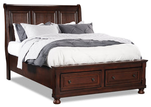 Lit plateforme de rangement Chelsea avec tête de lit et cadre de lit, brun cerisier - format grand lit