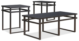 Ensemble 3 tables modernes Laney de 47 po (table à café et 2 tables de bout) - métal noir avec dessus en verre