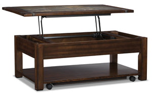 Table à café rustique Roanoke de 50 po avec dessus relevable, rangement et tablette - bois cerisier foncé et incrustation d’ardoise