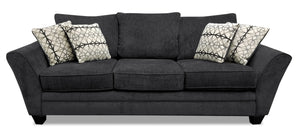 Grand sofa-lit Febe de 100 po fabriqué au Canada en tissu de chenille gris anthracite avec accoudoirs évasés et 4 coussins décoratifs