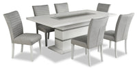  Ensemble de salle à manger somptueux Garbo 7 pièces avec table de 78,75 po (L), incrustation de verre, base piédestal et 4 chaises - blanc