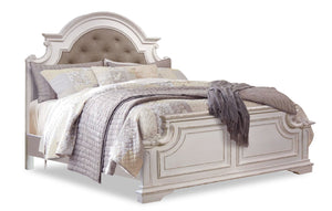 Lit à panneau Grace en bois et en tissu avec tête de lit et cadre de lit, blanc antique - format très grand lit