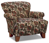  Fauteuil d’appoint Reese de 35 po fabriqué au Canada en tissu cuivre multicolore avec accoudoirs enroulés et pattes en bois