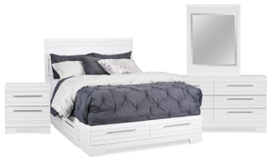 Ensemble de chambre à coucher Olivia 6 pièces fabriqué au Canada avec lit de rangement, commode, miroir et table de nuit, blanc - format lit double