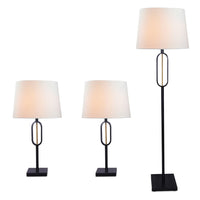 Ensemble 3 lampes Patsy noir mat avec touches dorées brossées, 2 lampes de table et 1 lampe à pied