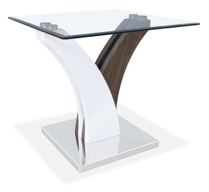 Table de bout moderne Tuxedo de 24 po avec dessus en verre - blanche et grise avec base en métal