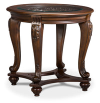 Table de bout ronde traditionnelle Valencia de 28 po avec dessus en verre - bois brun foncé avec touches de filigrane