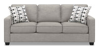  Sofa Sawyer de 83 po fabriqué au Canada en tissu d’apparence lin gris clair avec 2 coussins décoratifs