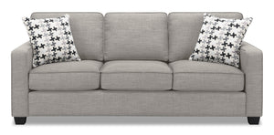 Sofa Sawyer de 83 po fabriqué au Canada en tissu d’apparence lin gris clair avec 2 coussins décoratifs