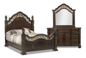 Ensemble de chambre à coucher Wynn 5 pièces avec lit, commode et miroir, brun cerisier - format grand lit