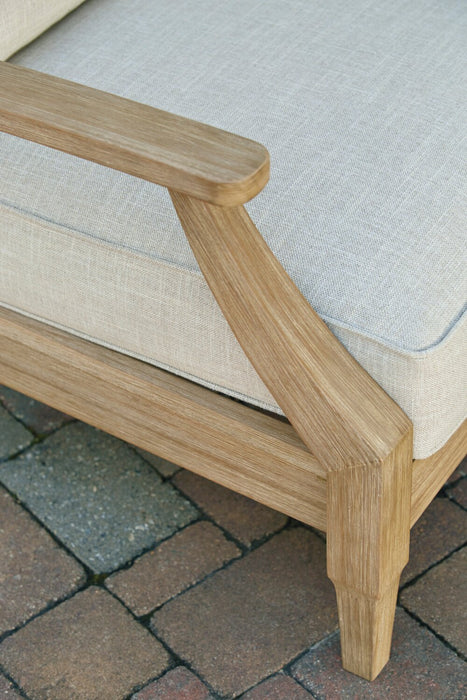 Causeuse Juno pour la terrasse à l’extérieur - eucalyptus et tissu Nuvella, résistante aux rayons UV et aux intempéries - naturelle et beige