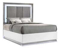  Lit à panneau Bogart somptueux en tissu avec tête de lit, cadre de lit et éclairage à DEL, blanc - f…