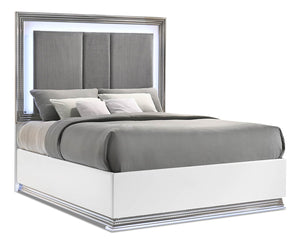 Lit à panneau Bogart somptueux en tissu avec tête de lit, cadre de lit et éclairage à DEL, blanc - format grand lit