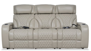 Sofa à inclinaison électrique Elite de 86 po en cuir véritable gris avec fonction de massage, porte-gobelets, accoudoirs de rangement