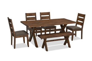 Ensemble de salle à manger Plum 6 pièces en bois avec table de 70,75 po (L), apparence de bordures Live Edge, banc et 4 chaises - brun muscade