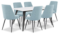  Ensemble de salle à manger Nico 7 pièces en métal avec table de 60 po (L), dessus en pierre frittée et 6 chaises Fig - blanc et bleu