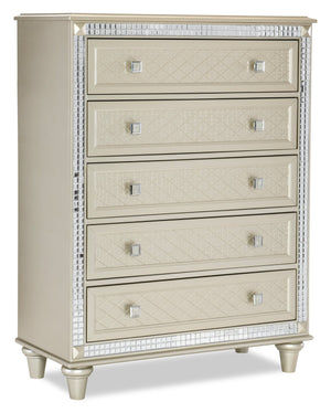 Commode verticale somptueuse Tyra de 40 po (L) x 53 po (H) à 5 tiroirs pour la chambre à coucher - champagne