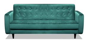 Sofa Devlin de 76,4 po de format condo en tissu de velours vert avec coussins capitonnés et pattes en bois