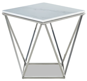 Table de bout carrée moderne Amanda de 21,5 po - dessus en marbre blanc avec base en métal chromé