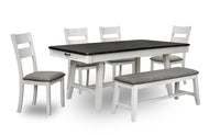  Ensemble de table de salle à manger Echo 6 pièces avec table de 70 po (L), tiroirs de rangement, base à tréteaux, banc et 4 chaises - blanc-gris