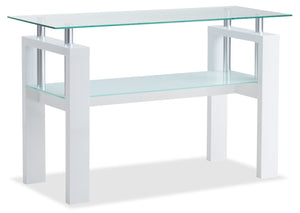 Table de salon moderne Harvy de 50 po avec dessus en verre et tablette - blanche 