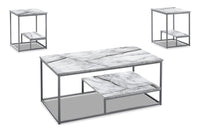 Ensemble 3 tables modernes Jules de 42,25 po (table à café et 2 tables de bout) avec tablette - imitation de marbre blanc avec armature en métal gris