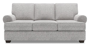 Sofa personnalisable Roll de Sofa Lab de 86 po fabriqué au Canada en tissu d’apparence lin gris Luna Domino avec accoudoirs enroulés