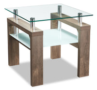 Table de bout moderne Harvy de 23,25 po avec dessus en verre et tablette - noisette