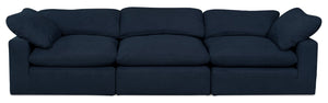 Sofa modulaire Eclipse de 124 po en tissu d’apparence lin bleu marine avec coussins réversibles en duvet et plumes