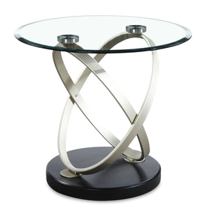 Table de bout ronde moderne Vikki de 26 po avec dessus en verre - verre avec base en métal