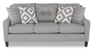 Sofa Kylie Cindy Crawford Home de 78 po fabriqué au Canada en tissu d’apparence lin gris zeus avec capitonnage à boutons et pattes en bois