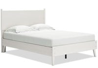  Lit plateforme Mavi avec tête de lit, cadre de lit et coussins réversibles en tissu et en cuir végétalien, blanc - format lit double