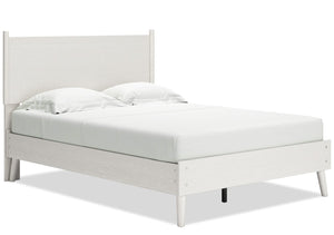 Lit plateforme Mavi avec tête de lit, cadre de lit et coussins réversibles en tissu et en cuir végétalien, blanc - format lit double