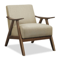  Fauteuil d’appoint Kyra de 28,5 po en tissu d’apparence lin taupe avec accoudoirs courbés et armature en bois