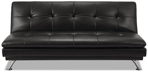 Futon June de 73,2 po en tissu d’apparence cuir noir avec mécanisme Klik Klak, pattes en métal et capitonnage