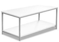 Table à café moderne Myra 40 po avec tablette - blanche avec pattes en métal gris