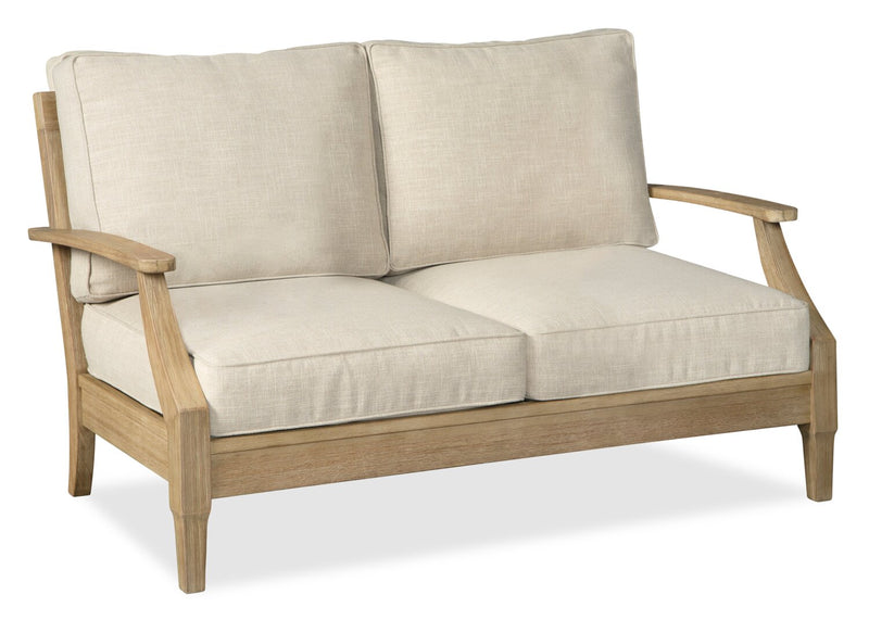 Causeuse Juno pour la terrasse à l’extérieur - eucalyptus et tissu Nuvella, résistante aux rayons UV et aux intempéries - naturelle et beige