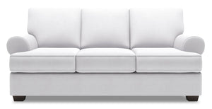 Sofa-lit personnalisable Roll de Sofa Lab de 86 po fabriqué au Canada en tissu d’apparence lin blanc Pax Ice avec accoudoirs enroulés