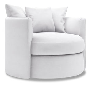 Fauteuil d’appoint pivotant Nest de Sofa Lab personnalisable de 41 po fabriqué au Canada en tissu d’apparence lin blanc Pax Ice