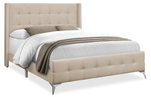 Lit rembourré Zara en tissu d’apparence lin beige avec capitonnage à boutons - format grand lit