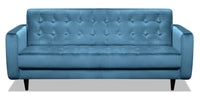  Sofa Devlin de 76,4 po de format condo en tissu de velours bleu avec coussins capitonnés et pattes en bois