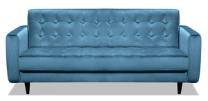 Sofa Devlin de 76,4 po de format condo en tissu de velours bleu avec coussins capitonnés et pattes en bois