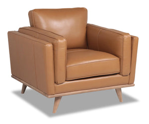 Fauteuil Vivia de 40 po en cuir véritable avec coussin de siège amovible et base en bois - brun caramel