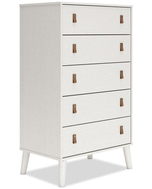 Commode verticale moderne du milieu du 20e siècle Mavi de 29 po (L) x 50,7 po (H) à 5 tiroirs pour la chambre à coucher - blanche