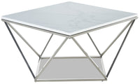 Table à café carrée moderne Amanda de 31,5 po - dessus en marbre blanc avec base en métal chromé