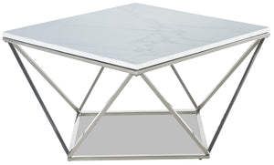 Table à café carrée moderne Amanda de 31,5 po - dessus en marbre blanc avec base en métal chromé