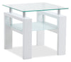 Table de bout moderne Harvy de 23,25 po avec dessus en verre et tablette - blanche 